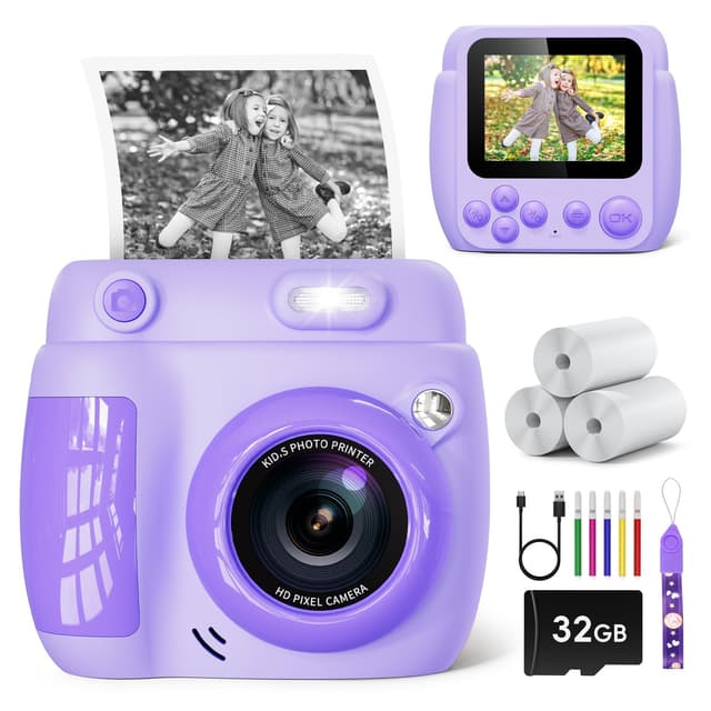 Kinderkamera Sofortbildkamera LETSHAHA 1080P 20MP 2.4 Zoll Bildschirm Kinderkamera Sofortbildkamera Kinder mit 32G Karte,Blitz,3 Rollen Druckpapier,Geschenk für Kinder 3-12 Jahren 2.4 Stil - Violett 📸🎁