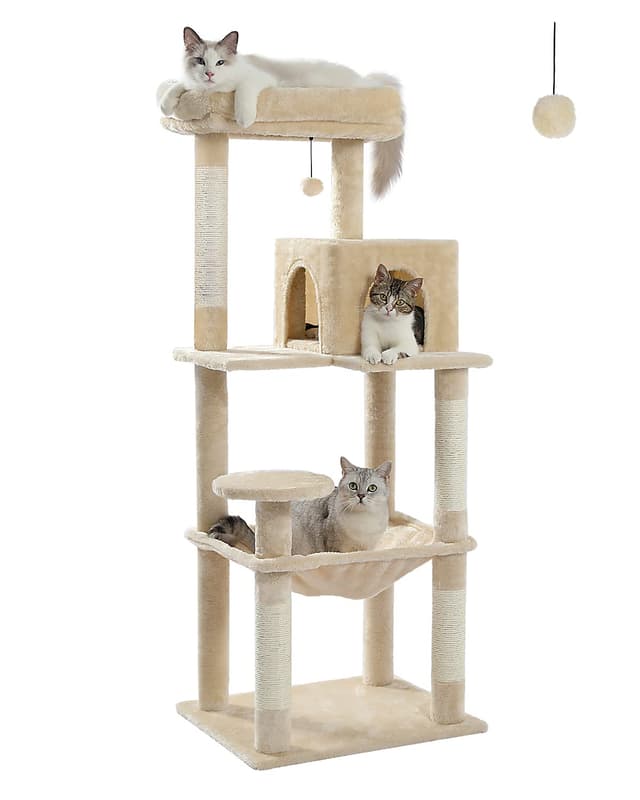 🐱🌟 PAWZ Road Katzenbaum mit Metall-Plüsch-Hängematte, Katzenturm 143cm Beige
