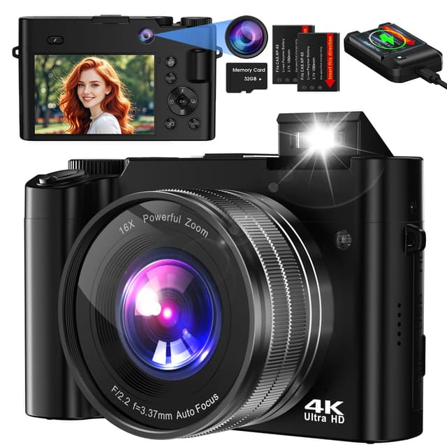 📸 Digitalkamera Bofypoo 64MP Autofokus Kamera Fotokamera mit Dual-Kameras Vorne und Hinten 32G-Speicherkarte