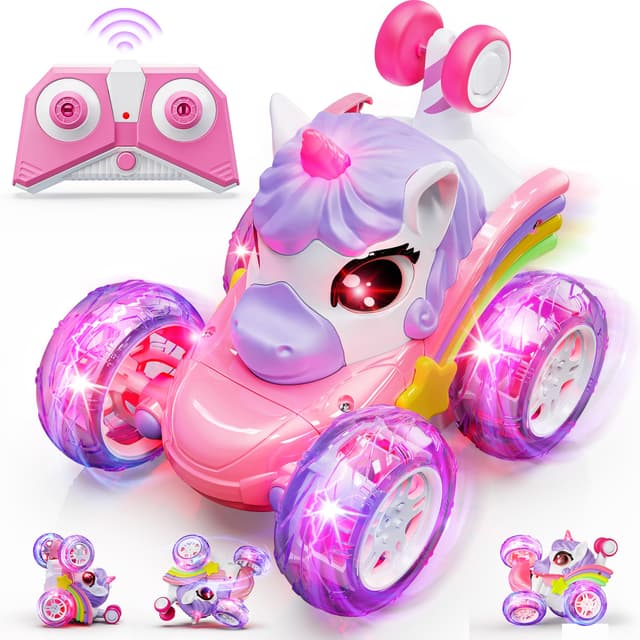 🌈 Jofuni Einhorn Ferngesteuertes Auto ab 3 Jahre | 360° Stuntauto mit LED-Lichtern Lila 🦄