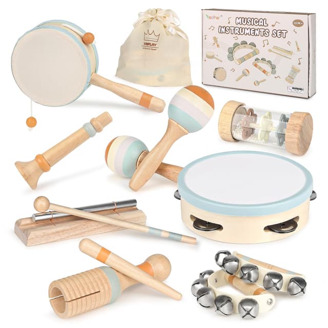 🎵🥁 Musikinstrumente für Kinder Kinderspielzeug ab 2 Jahre Holzspielzeug Baby Schlagzeug Kinder Trommel Percussion Instrumente Musikinstrumente Baby Montessori Spielzeug ab 3 Jahre Neutrales Musikspielzeug-Set