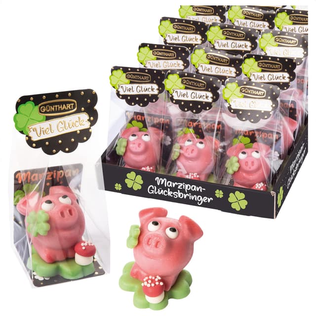 🐷🍀 Günthart Marzipan Schweinchen auf Kleeblatt 🍬🐖