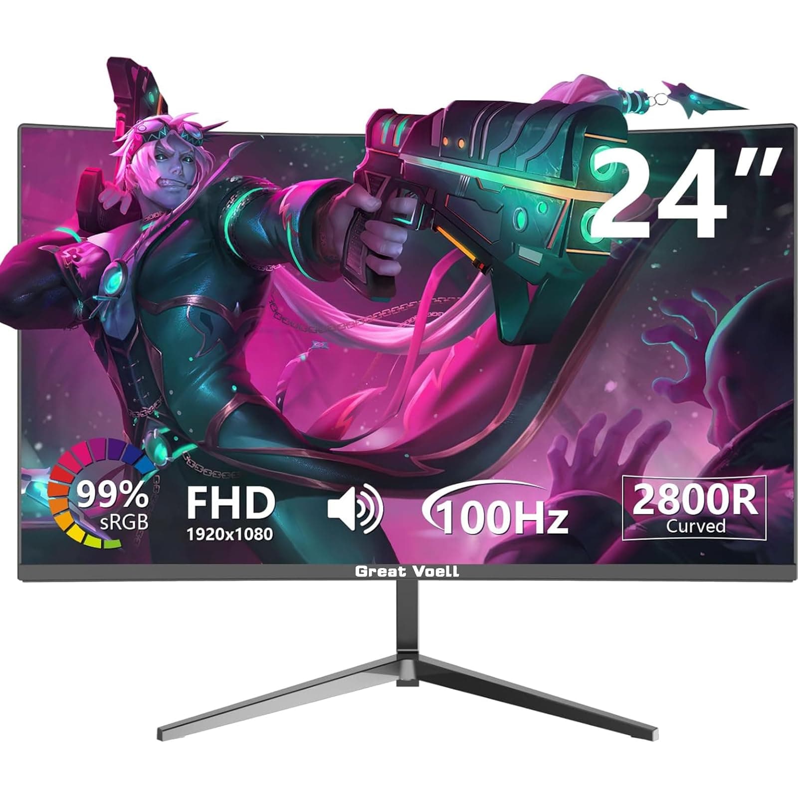 🎮 Großer Voell Curved Gaming Monitor 24 Zoll, 100 Hz, FHD (1920 x 1080P), HDR, Anti-Blue Light, FreeSync