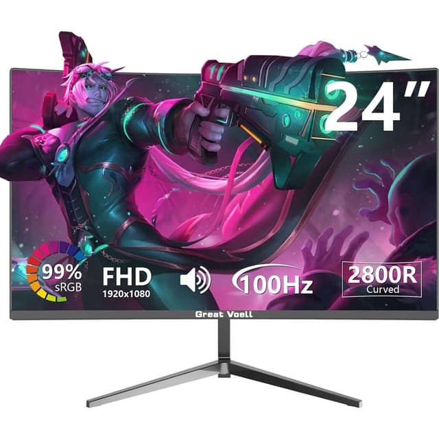 🎮 Großer Voell Curved Gaming Monitor 24 Zoll, 100 Hz, FHD (1920 x 1080P), HDR, Anti-Blue Light, FreeSync