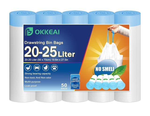 🌟 Super Angebot! OKKEAI 20l Müllbeutel 25l mit Zugband Mülltüten Weiß Müllsäcke - 50 Stück