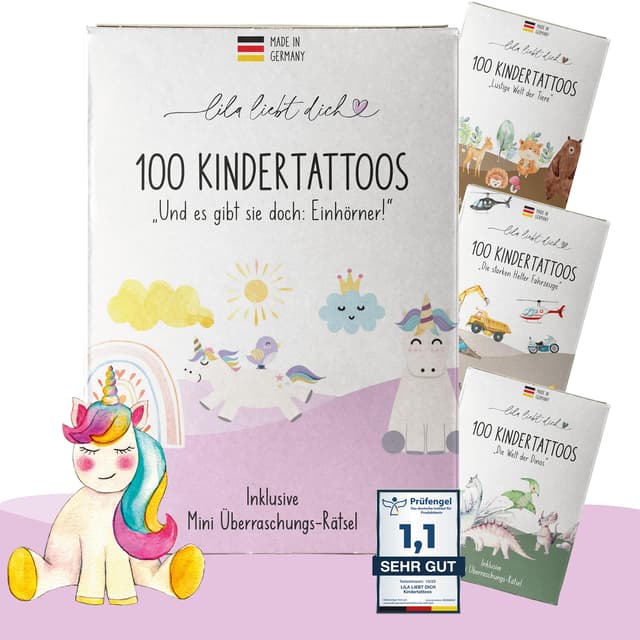 🦄 lila liebt dich® 100 angesagte Tattoo Kinder Motive mit Einhorn & Regenbogen 🌈