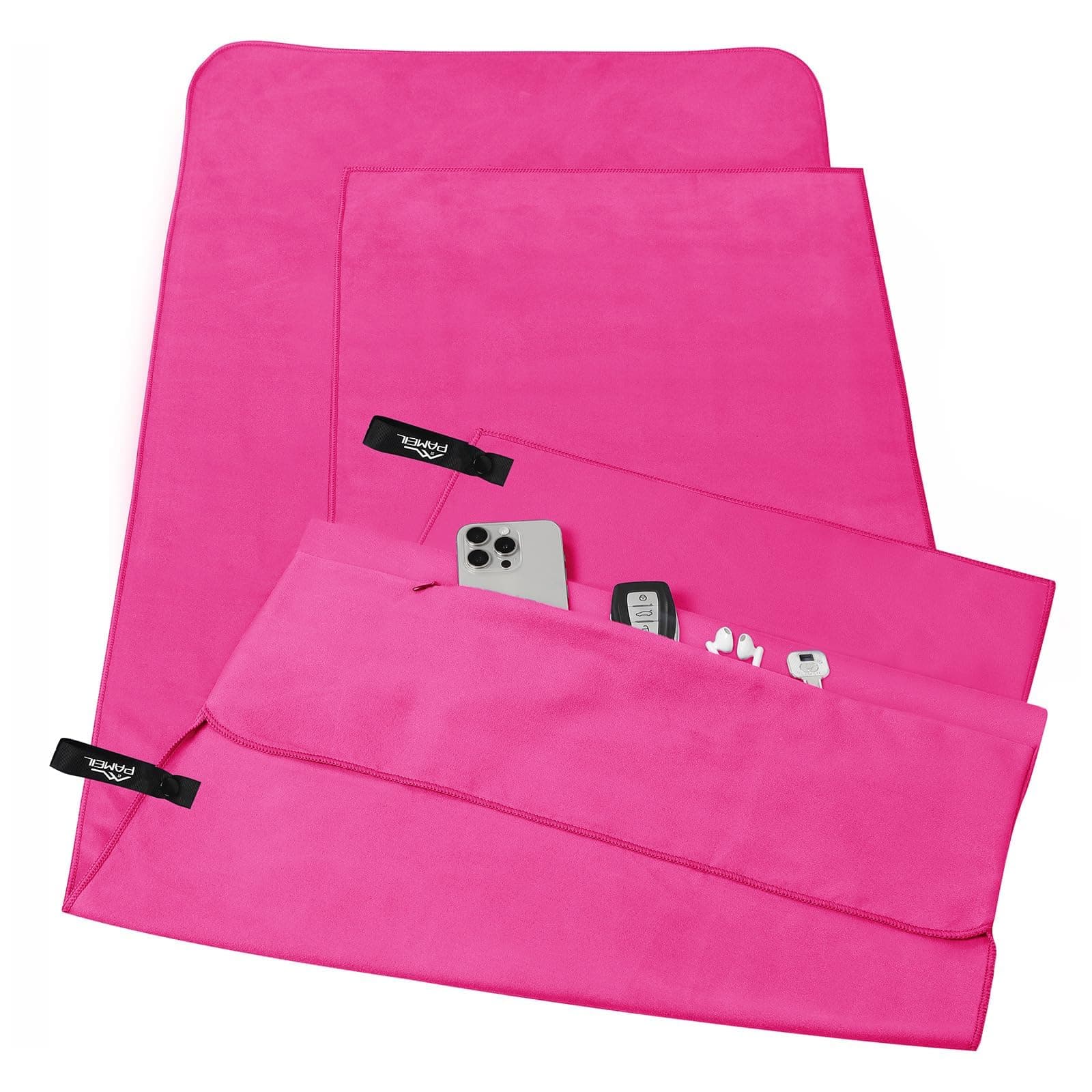 Pameil Fitness Handtuch 2er Set mit Reißverschluss Tasche, Sporthandtuch 🌟 | 120x50cm+80x40cm | Mikrofaser Handtuch als leichtes, Kompaktes Strandtuch, Badetuch, Reisehandtuch, Gym Handtuch Rose Rot