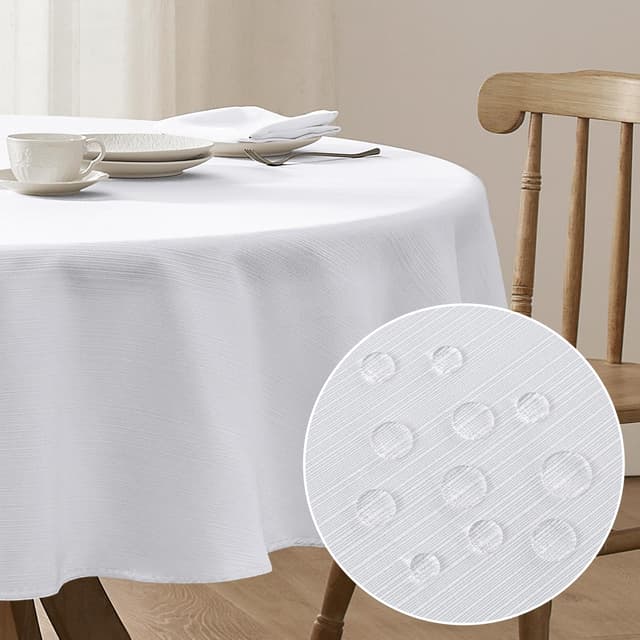 Softalker Runde Tischdecke 160 Weiß abwaschbar Leinen Struktur  Wasserabweisend Abwischbar Fleckschutz Tischtuch Tablecloth Deko für Outdoor Draußen Party
