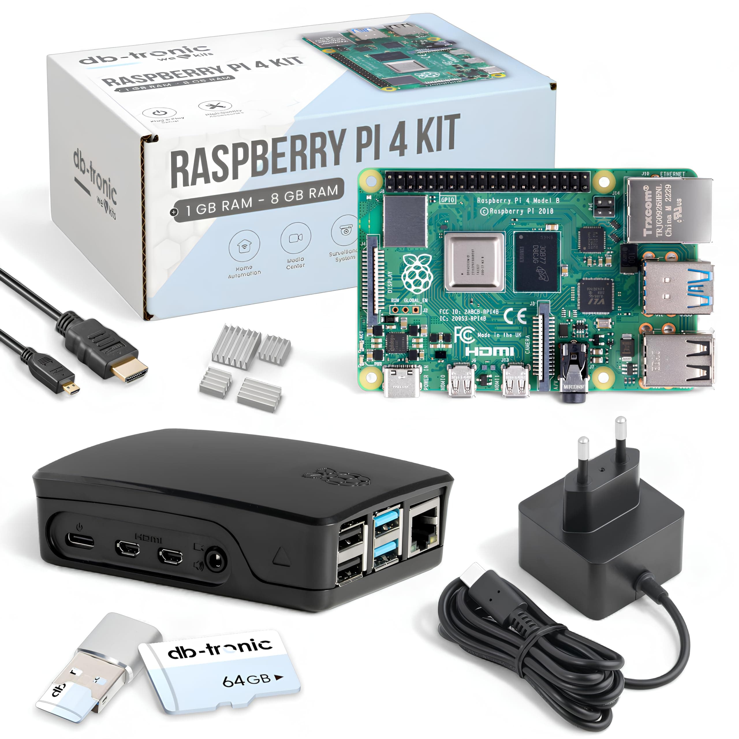 Raspberry Pi 4 4GB Starter-Kit 🚀 | 64GB Edition | USB-C Netzteil 15W | Gehäuse | 4k Micro HDMI Kabel | Kühlkörper Set