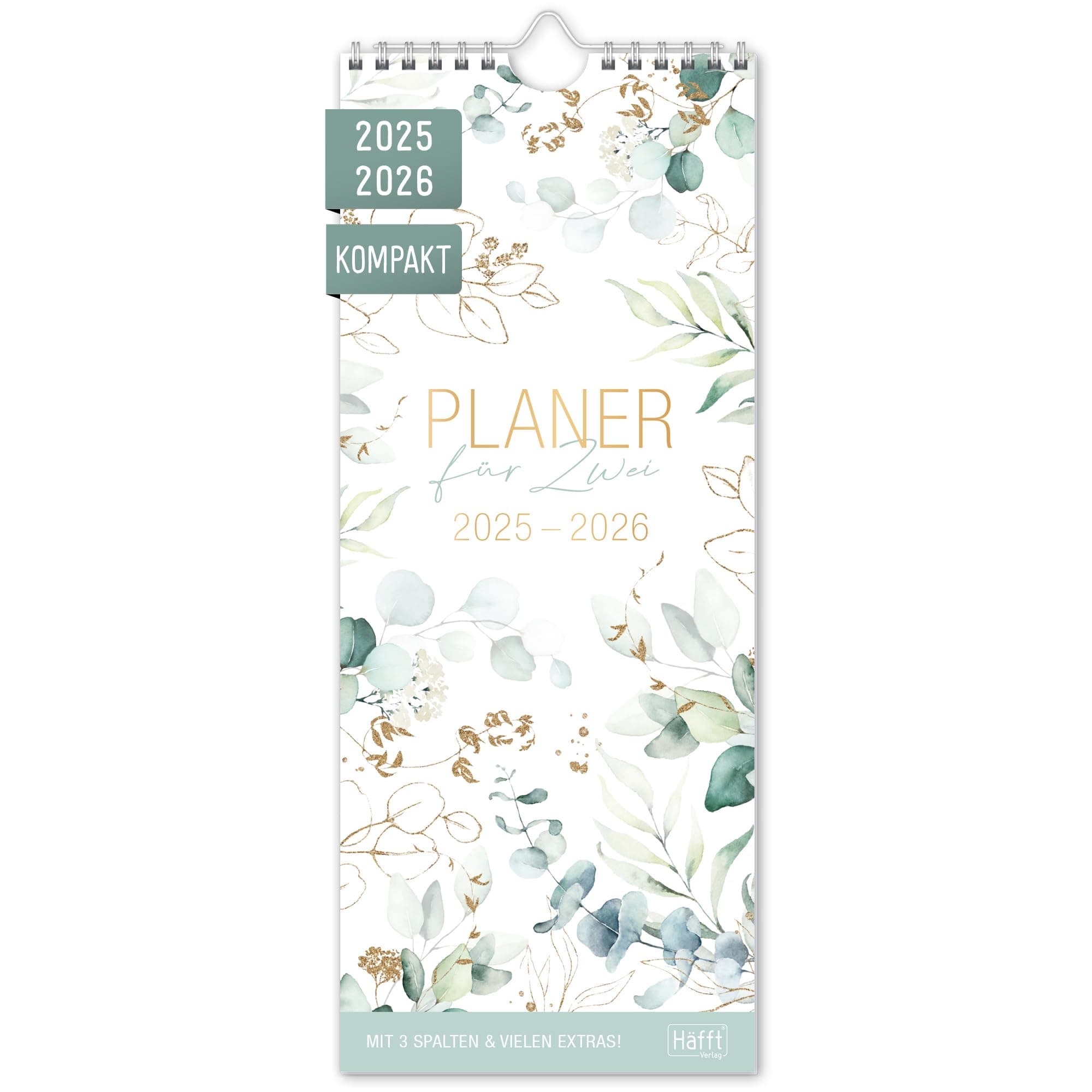 Häfft® Planer für Zwei 2025/2026 kompakt "Blattgold" 🌟🗓️ Paarplaner mit 3 Spalten, Paarkalender, Wandplaner, Wandkalender für 18 Monate
