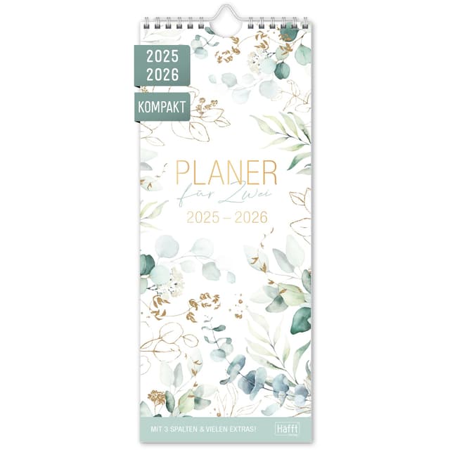 Häfft® Planer für Zwei 2025/2026 kompakt "Blattgold" 🌟🗓️ Paarplaner mit 3 Spalten, Paarkalender, Wandplaner, Wandkalender für 18 Monate