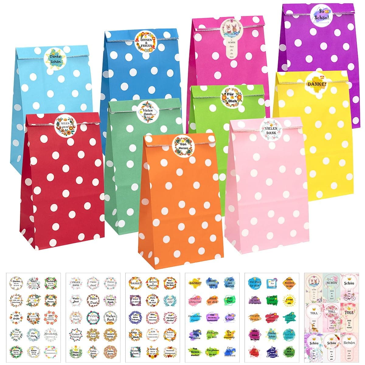 🎁 KASZOO Papiertüten, 40 Stück Bunte Geschenktüten mit 84 Aufkleber 🛍️