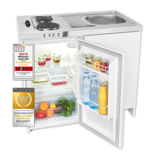 Exquisit Mini-Küche Pantry KK1085 weiß 🌟 | Kühlschrank 76 l | Masse-Kochfeld | Edelstahl-Spüle