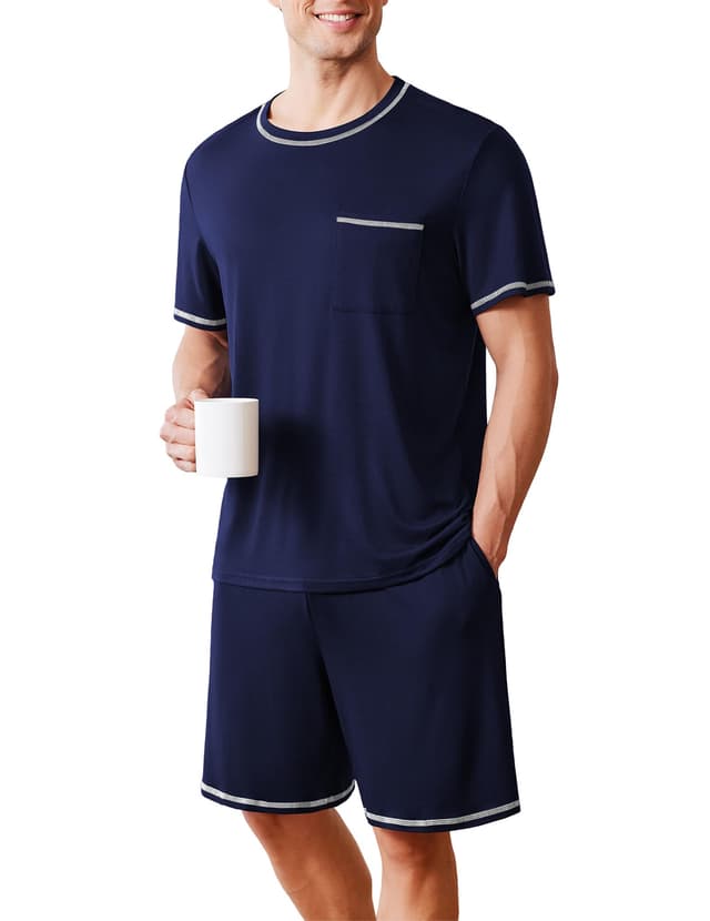 Ekouaer Pyjama Herren Schlafanzug Kurzarm Nachtwäsche mit Rundhals T-Shirt und Kurz Hose, S-XXL S Navyblau 😴🎁