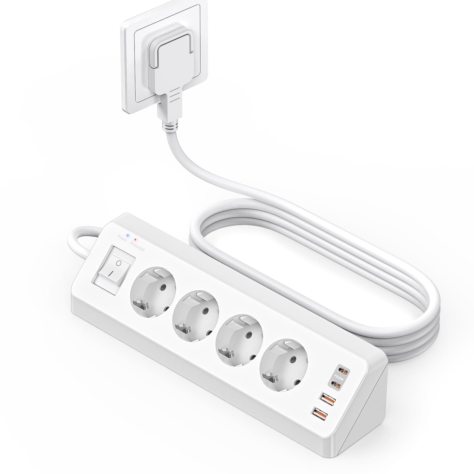 4 Fach Ecksteckdose Flachstecker mit USB C(PD 20W), SUDEERY 8 in 1 Steckdosenleiste 4 USB Mehrfachstecker mit Schalter, Steckdosenleiste Überspannungsschutz mit 2M Kabel für Küche (Weiß) 🛠️🔌