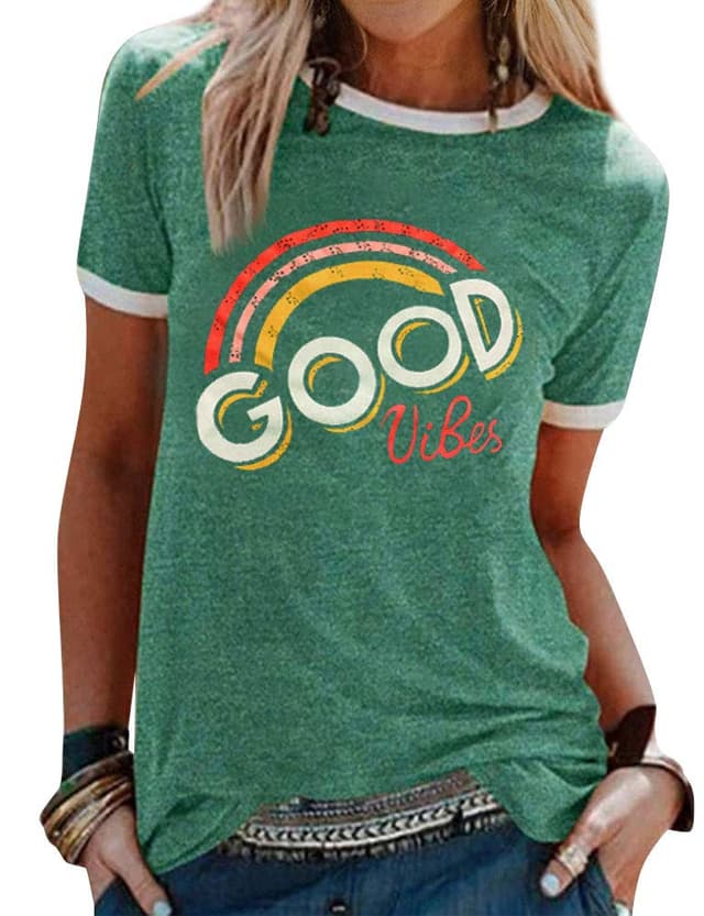 WIEIYM Tshirt Damen Rundhals Kurzarm T-Shirts Sommer T Shirts Good Vibes Regenbogen Brief Gedruckt Lässig Tee Shirts Oberteile Tops S-XXL L 2-grün
