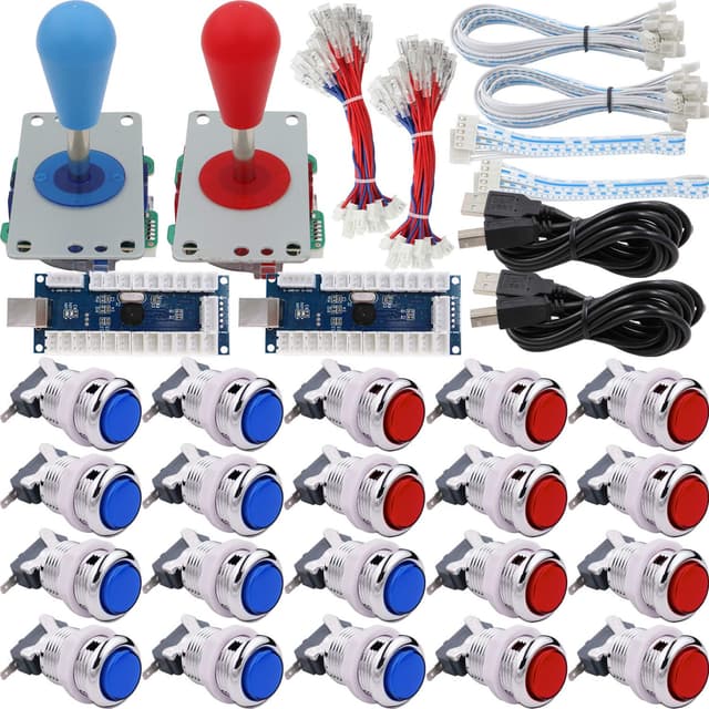 🎮 SJ@JX Arcade 2 Player Game Controller Stick DIY Kit LED Buttons Chrome Paint MX Microswitch 8 Way Joystick USB Encoder Cable for PC MAME Raspberry Pi Red Blue Blue Red