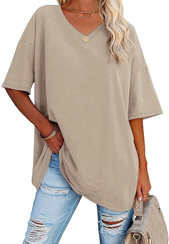 Ebifin Damen Oversize T-Shirt mit V-Ausschnitt 😍 Kurzärmeliges Casual Lockere Basic Sommer Tee Bluse