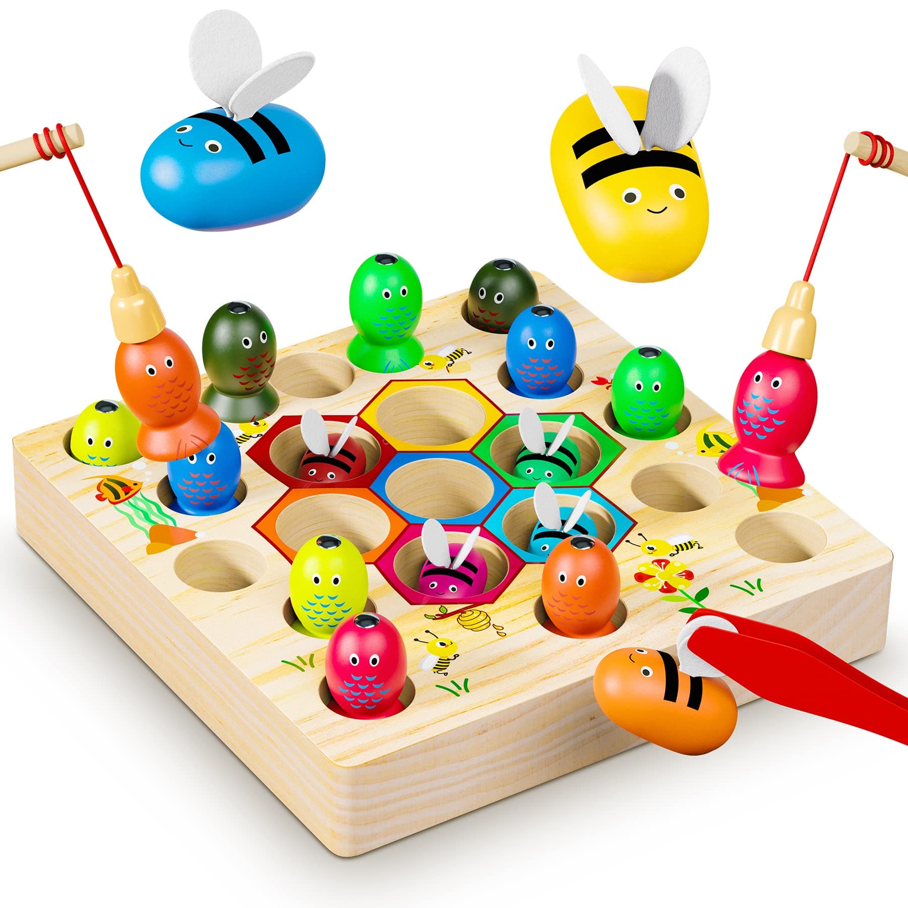 COOLJOYA Magnetisches Angelspiel ab 2 Jahre 🎣 | Montessori Spielzeug 2 in 1 Baby Holzspielzeug | Motorikspielzeug Fische Angeln Spiel 1 Set 2 3 4 Jahre Mädchen Junge Geschenke für Kinder(Patentschutz) Gelb