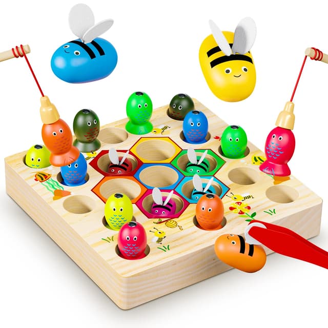 COOLJOYA Magnetisches Angelspiel ab 2 Jahre 🎣 | Montessori Spielzeug 2 in 1 Baby Holzspielzeug | Motorikspielzeug Fische Angeln Spiel 1 Set 2 3 4 Jahre Mädchen Junge Geschenke für Kinder(Patentschutz) Gelb