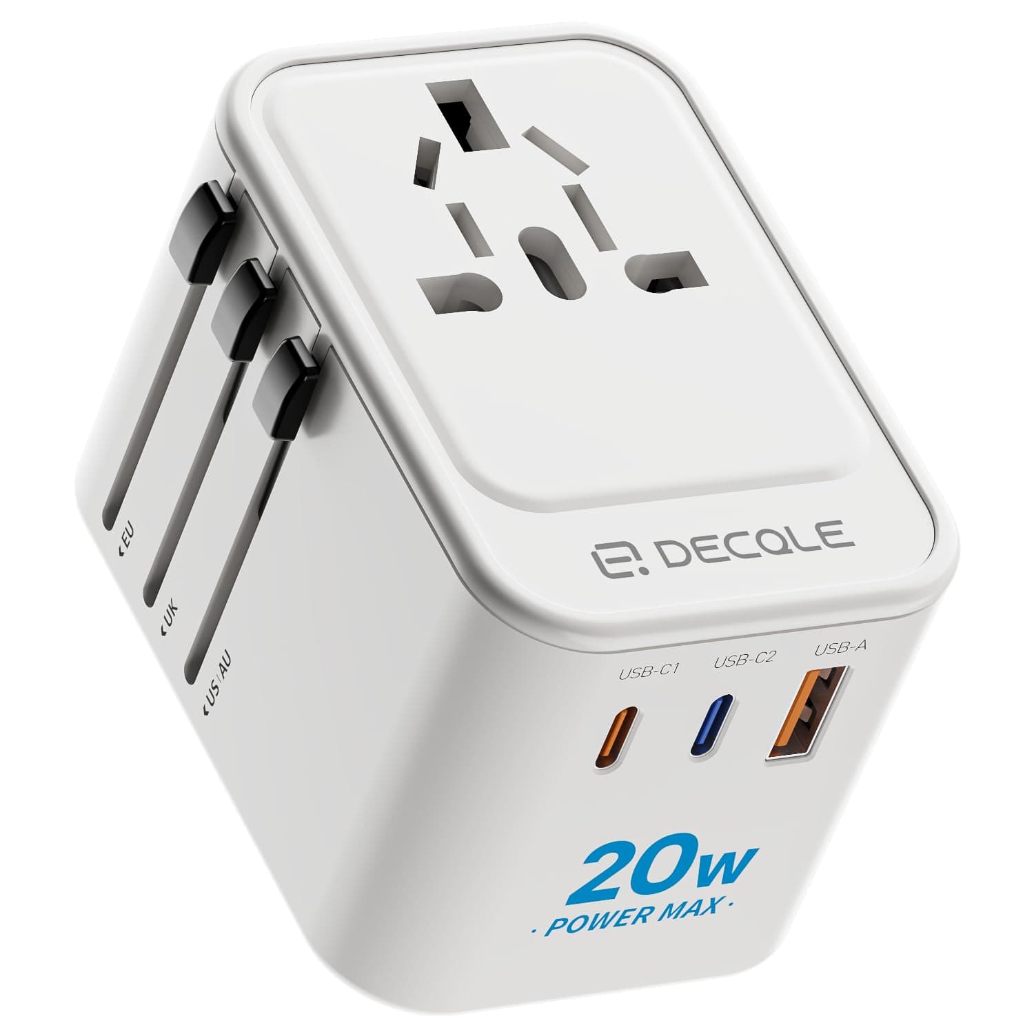 🔌 decqle Reiseadapter Weltweit mit 2 USB-C (PD 20W), 1 USB-A und 1 AC Steckdose