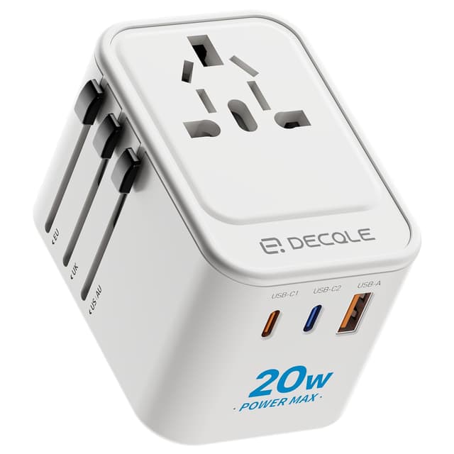 🔌 decqle Reiseadapter Weltweit mit 2 USB-C (PD 20W), 1 USB-A und 1 AC Steckdose