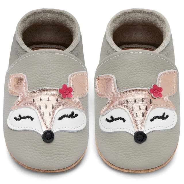 IceUnicorn Krabbelschuhe Baby Lauflernschuhe Jungen Mädchen Weicher Leder Babyhausschuhe Kleinkind Rutschfeste Lederschuhe Baby 6-12 Monate Hellgrauer Fuchs 🦄