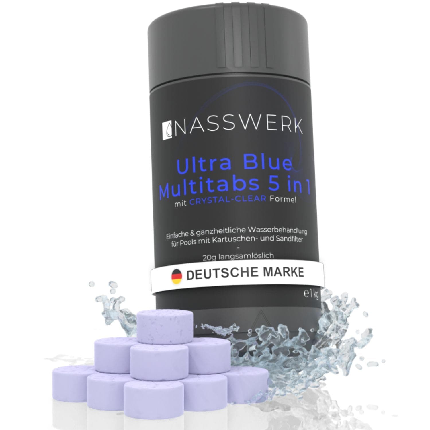 NASSWERK 5 in 1 Chlortabletten für Pool 20g (1kg bis 10kg) | Langzeit Ultra Blue Multitabs 5 in 1 für Pool & Whirlpool