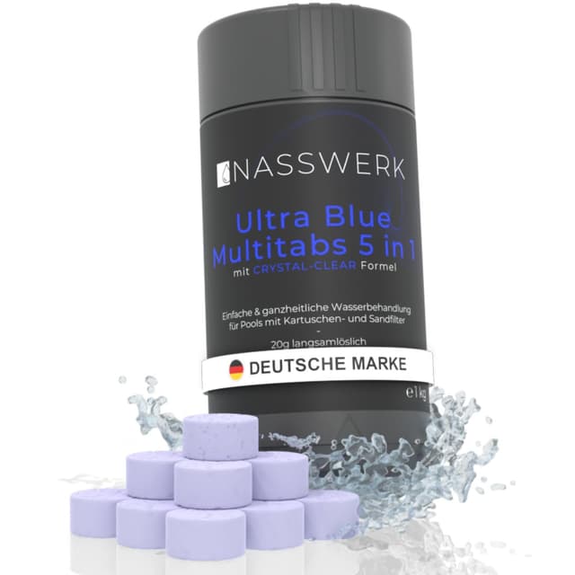 NASSWERK 5 in 1 Chlortabletten für Pool 20g (1kg bis 10kg) | Langzeit Ultra Blue Multitabs 5 in 1 für Pool & Whirlpool