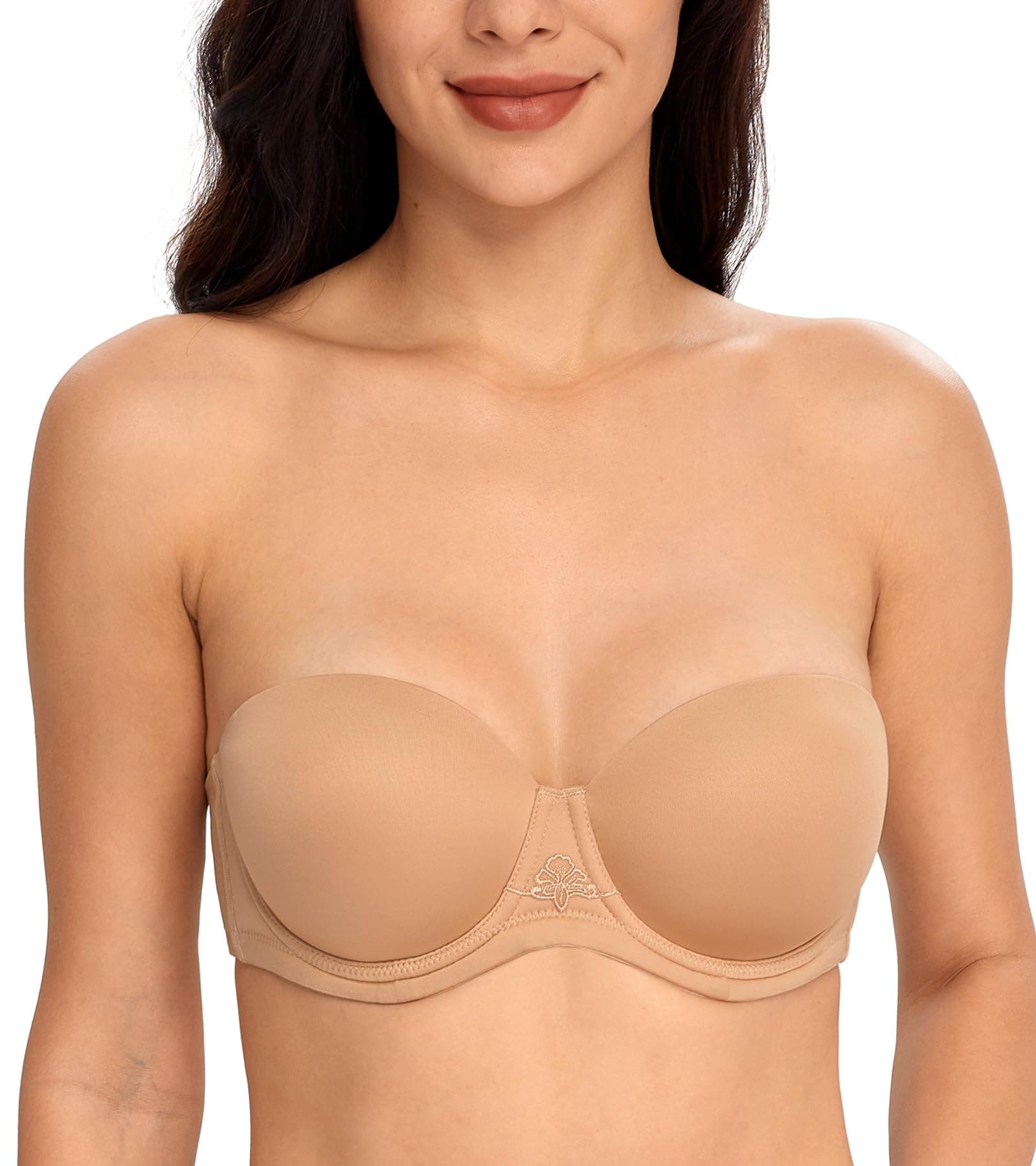DotVol Damen Trägerloser BH Rückenfrei Ohne Träger Push Up Büstenhalter mit Geformte Cups für Abendkleider Ballkleider Brautkleider 75G Pekannuss