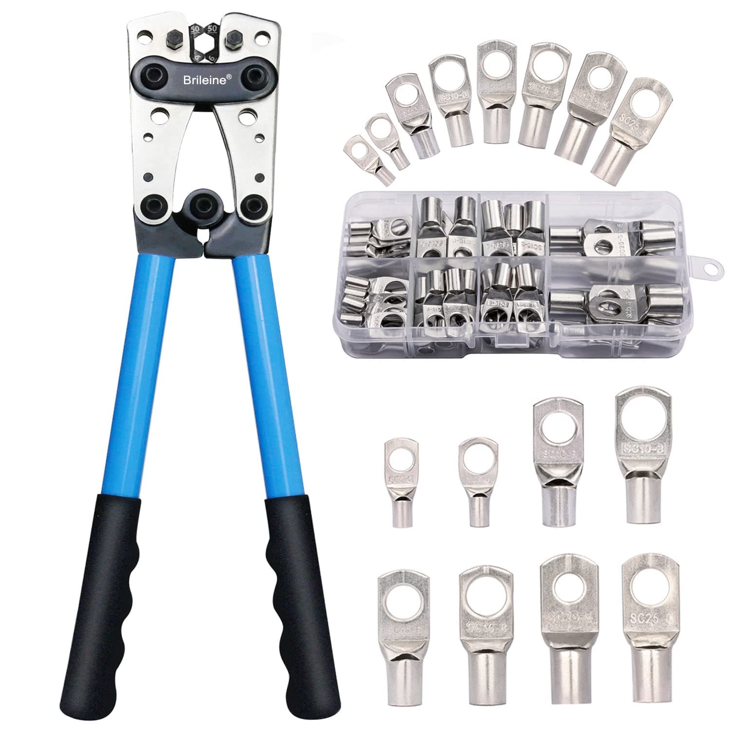 🔧 Brileine Batteriekabelschuh Crimpzange Groß 10–1/0 AWG + 60 Stück Kupferringklemmen
