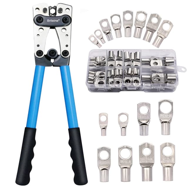 🔧 Brileine Batteriekabelschuh Crimpzange Groß 10–1/0 AWG + 60 Stück Kupferringklemmen