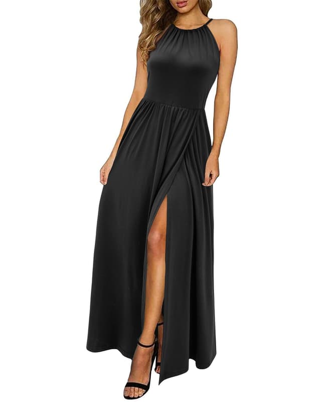 KILIG Damen Sommerkleid 😍 Lang Elegant Sommer Neckholder Kleid Hochzeitsgast Maxikleid Partykleid Schlitz Freizeitkleid Schwarz XL