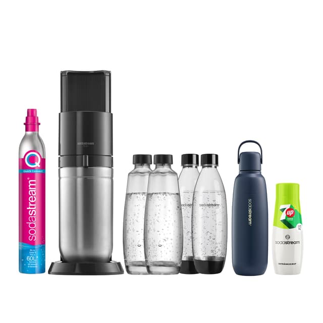 SodaStream Wassersprudler DUO mit Quick-Connect CO2-Zylinder 🌪️ | inkl. 2x 1L Glasflasche + 2x 1L FUSE Kunststoffflasche + 0,9L Fizz&go COOL Metallflasche in Storm + Sirup 7UP Zero Zucker (440ml) DUO