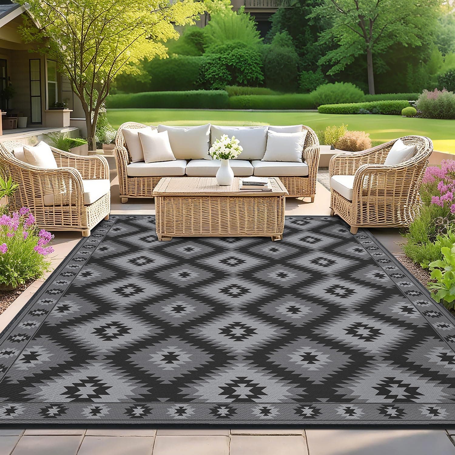 SHACOS Outdoor Teppich Wetterfest 180x270 cm Schwarz & Grau