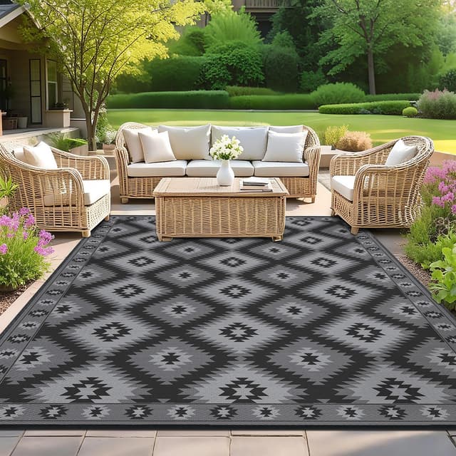 SHACOS Outdoor Teppich Wetterfest 180x270 cm Schwarz & Grau