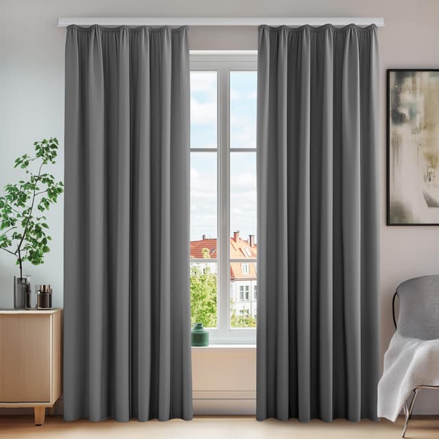 Deconovo Blickdichte Gardinen Vorhang mit Kräuselband Thermo Schallschutz Kälteschutz, 160x140 cm, Hellgrau, 2er Set