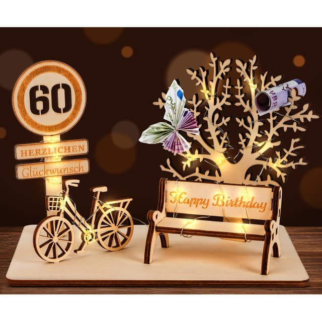 🎁 I LOVE MOM Geldgeschenk Geburtstag Holz, Fahrrad Geschenk, DIY Dreidimensionale Bäume Sitzbank Deko Zahlen für Geschenke