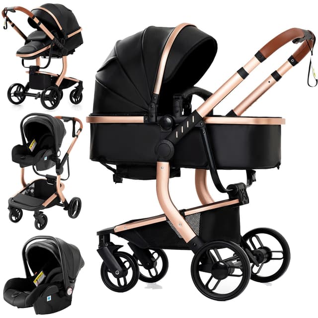 🌟 Reenborn PU-Leder Kinderwagen 3 in 1 - Buggy mit Ein-Klick-Faltdesign und Zwei Umkehrbaren Schiebemodi