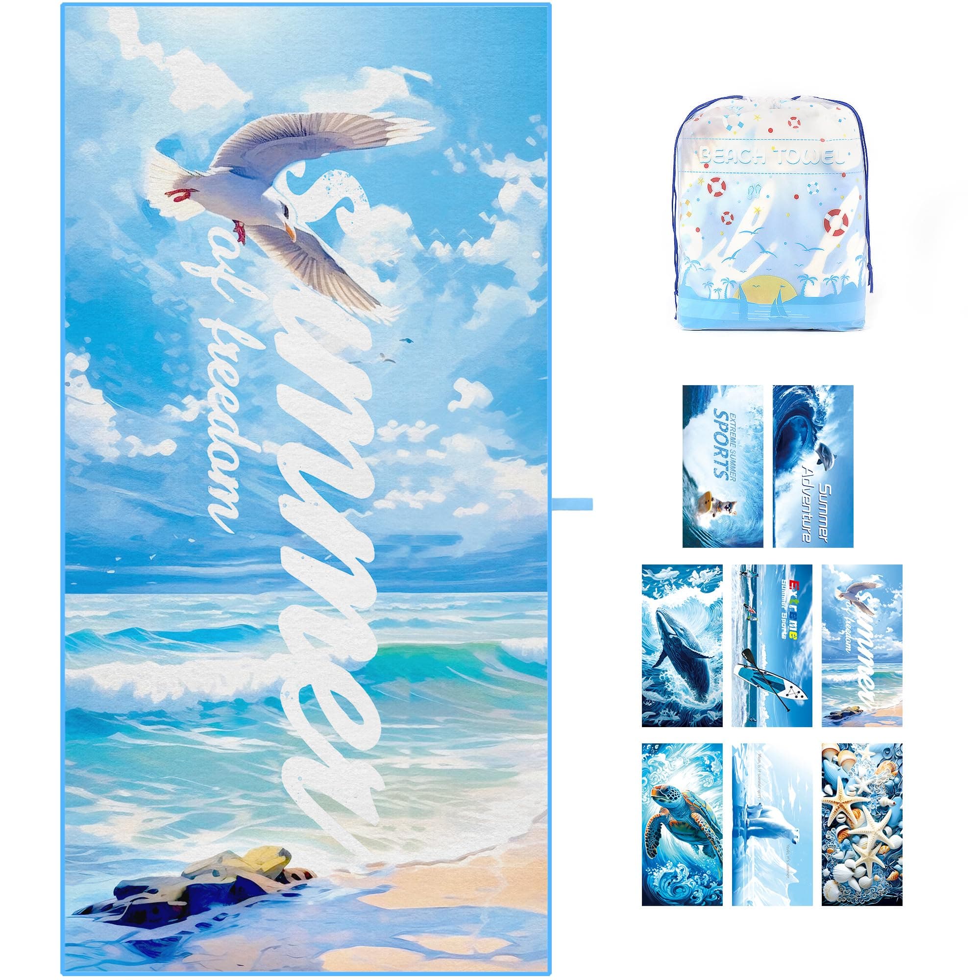 🏖️ ZIOSINM Strandtuch 180 * 90cm Strandhandtuch Mikrofaser Badetuch Groß, Mikrofaser Strandhandtücher Handtuch Beach Towel XXL für Schwimmen, Strand, Reisen, Sandabweisend (Möwen)