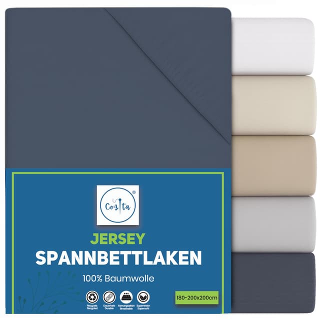 Cozita Basics Spannbettlaken 180x200cm - 100% Baumwoll Jersey Bettlaken, Öko-Tex Zertifiziert, bis 25 cm Matratzenhöhe – Anthrazit
