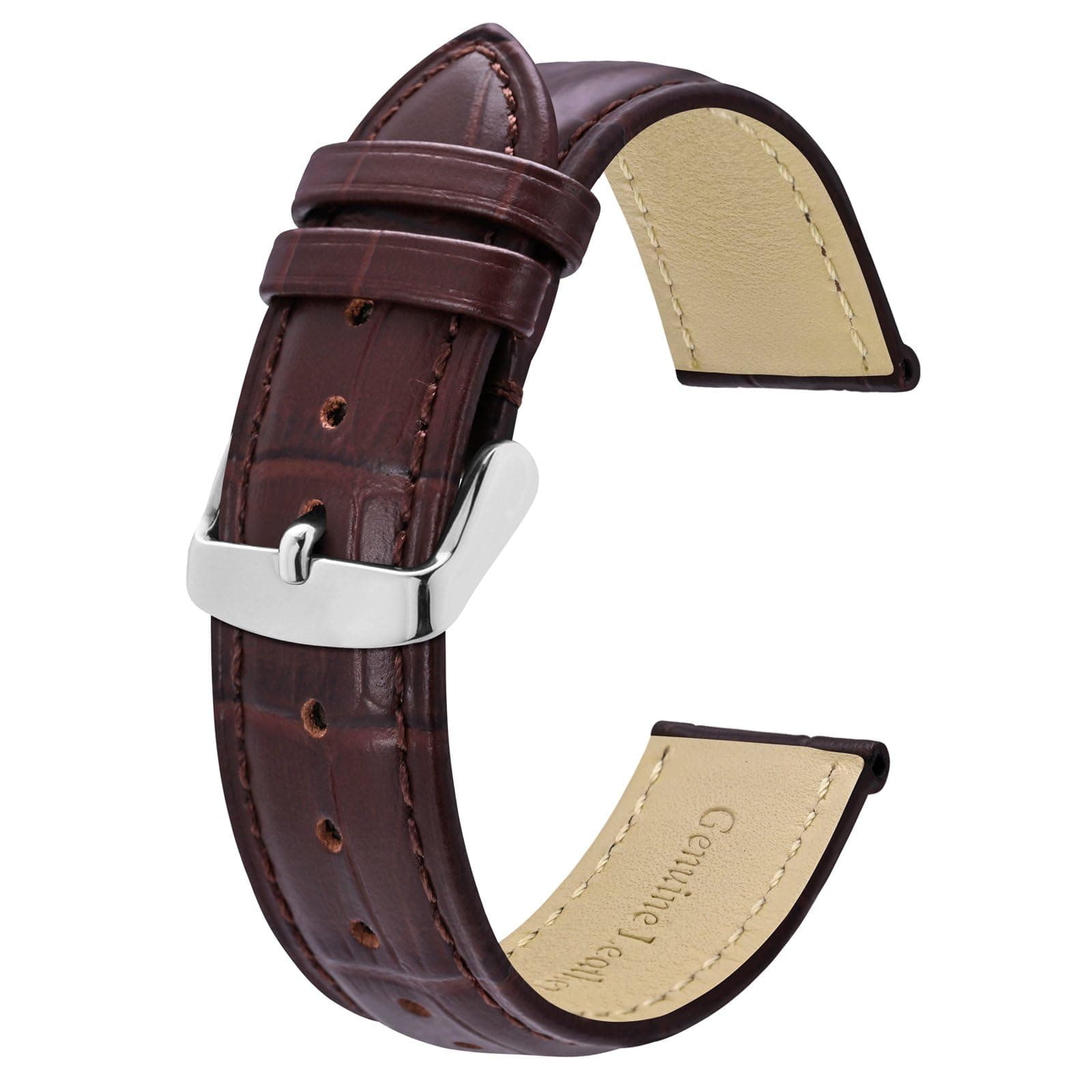 BISONSTRAP Uhrenarmband aus Alligator Geprägtem Leder - Kaffee Braun mit Silberne Schnalle 20mm ⌚