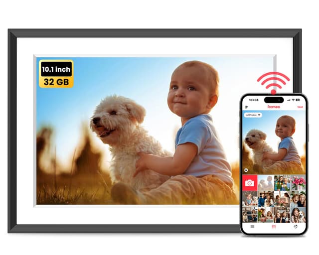 FRAMEO Digitaler Bilderrahmen WLAN 10,1 Zoll - 1280x800 IPS Touchscreen Digitale Bilderrahmen, 32GB Speicher, Auto Rotation Elektronischer Fotorahmen, Teilen Sie Fotos/Videos Sofort (Schwarzweiß)