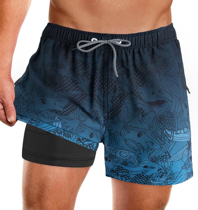 🌊🩳 APTRO Herren Badeshorts Badehose mit Innenhose Schnelltrocknend Boardshorts mit Reißverschlusstaschen Sport Shorts Farbverlauf Blau Mk386 XL 🩳🌊