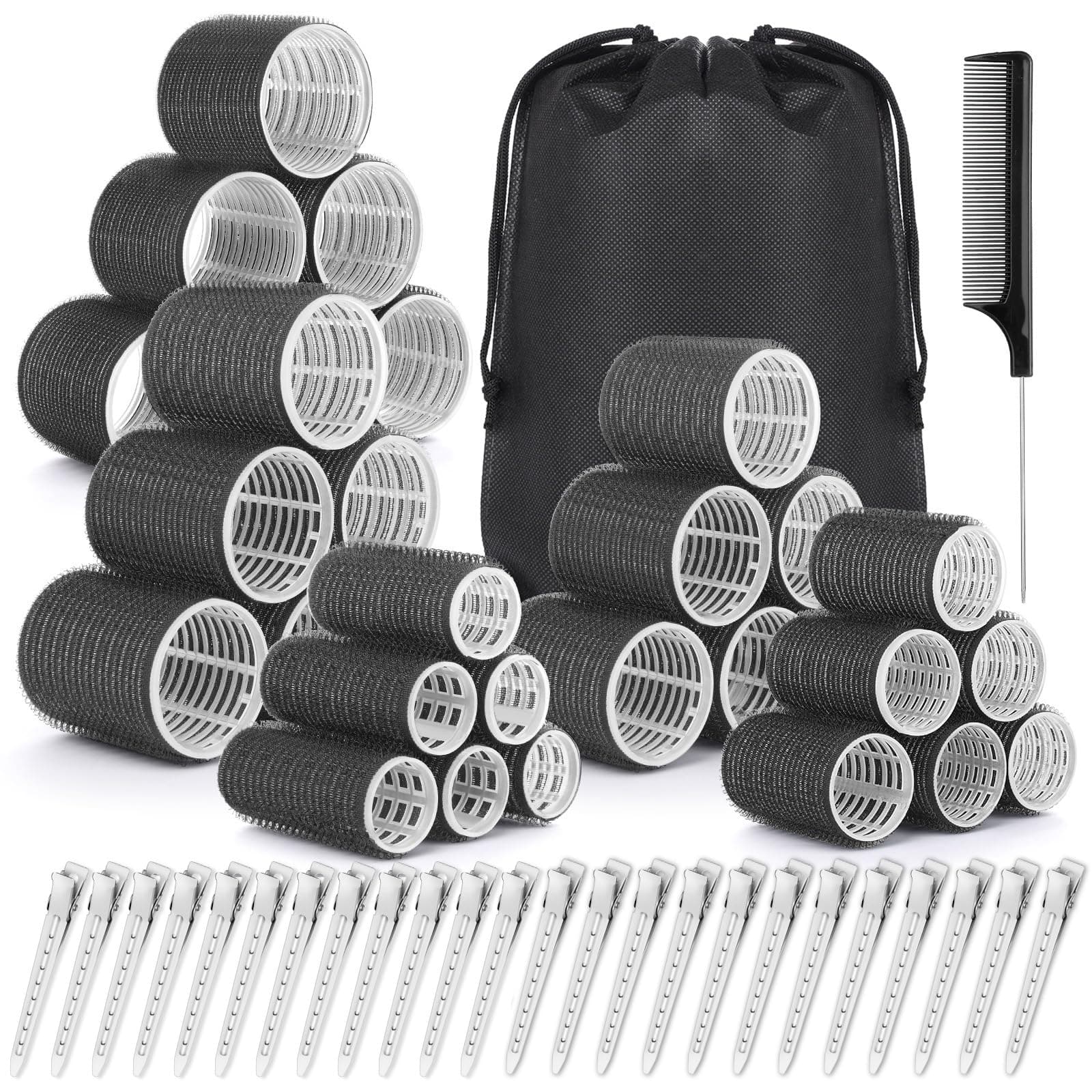 Qinzave 56 Stücke Lockenwickler Groß Locken mit Aufbewahrungstasche 5 Größe 55mm 48mm 40mm 32mm 25mm Jumbo Lockenwickler mit Klammern Selbsthaftend Lockenwickler für Lange Mittlere Kleine Haar