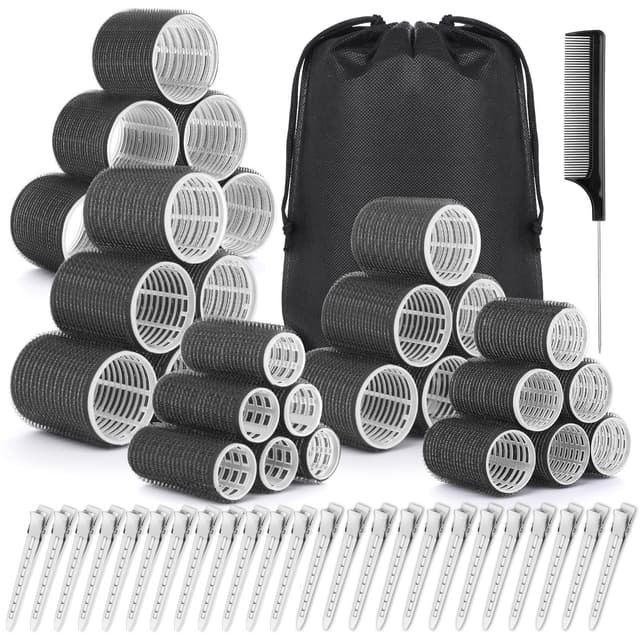 Qinzave 56 Stücke Lockenwickler Groß Locken mit Aufbewahrungstasche 5 Größe 55mm 48mm 40mm 32mm 25mm Jumbo Lockenwickler mit Klammern Selbsthaftend Lockenwickler für Lange Mittlere Kleine Haar