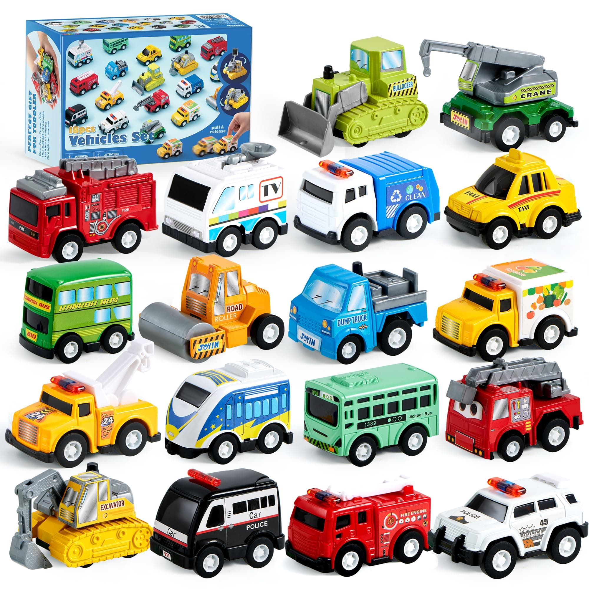 JOYIN 18 Stück Zurückziehen Stadtautos und Lastwagen Spielzeugfahrzeug-Set 🚗🚒🚌