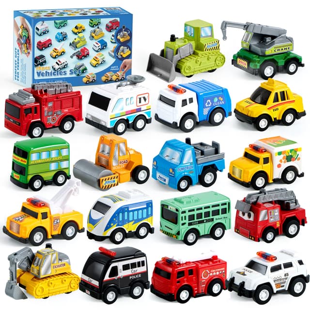 JOYIN 18 Stück Zurückziehen Stadtautos und Lastwagen Spielzeugfahrzeug-Set 🚗🚒🚌