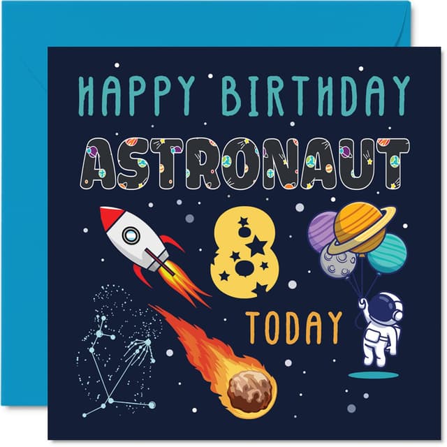 🚀 Geburtstagskarte 8. Geburtstag Jungen - Weltraum-Astronautenkosmos 🎂
