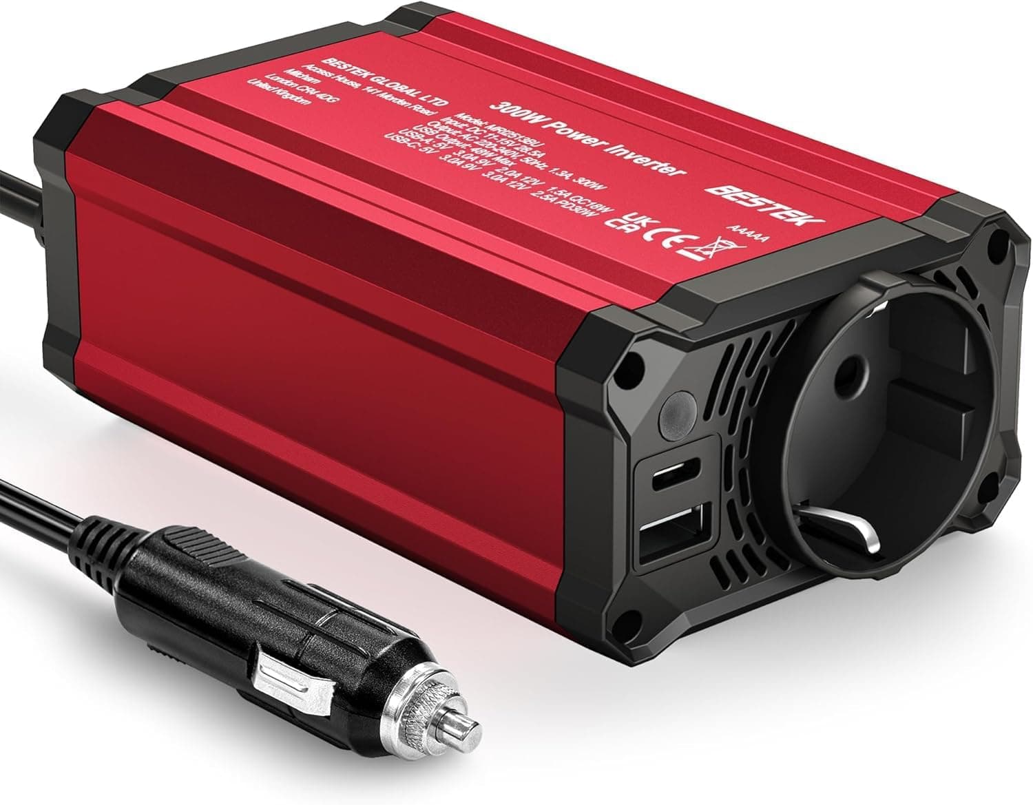 🔋🔌 300W Auto Wechselrichter mit AC Steckdosen und USB-Anschlüssen - Rot